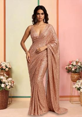 Lt Peach Sequins Embroidery Net Pre Stitched Saree Set