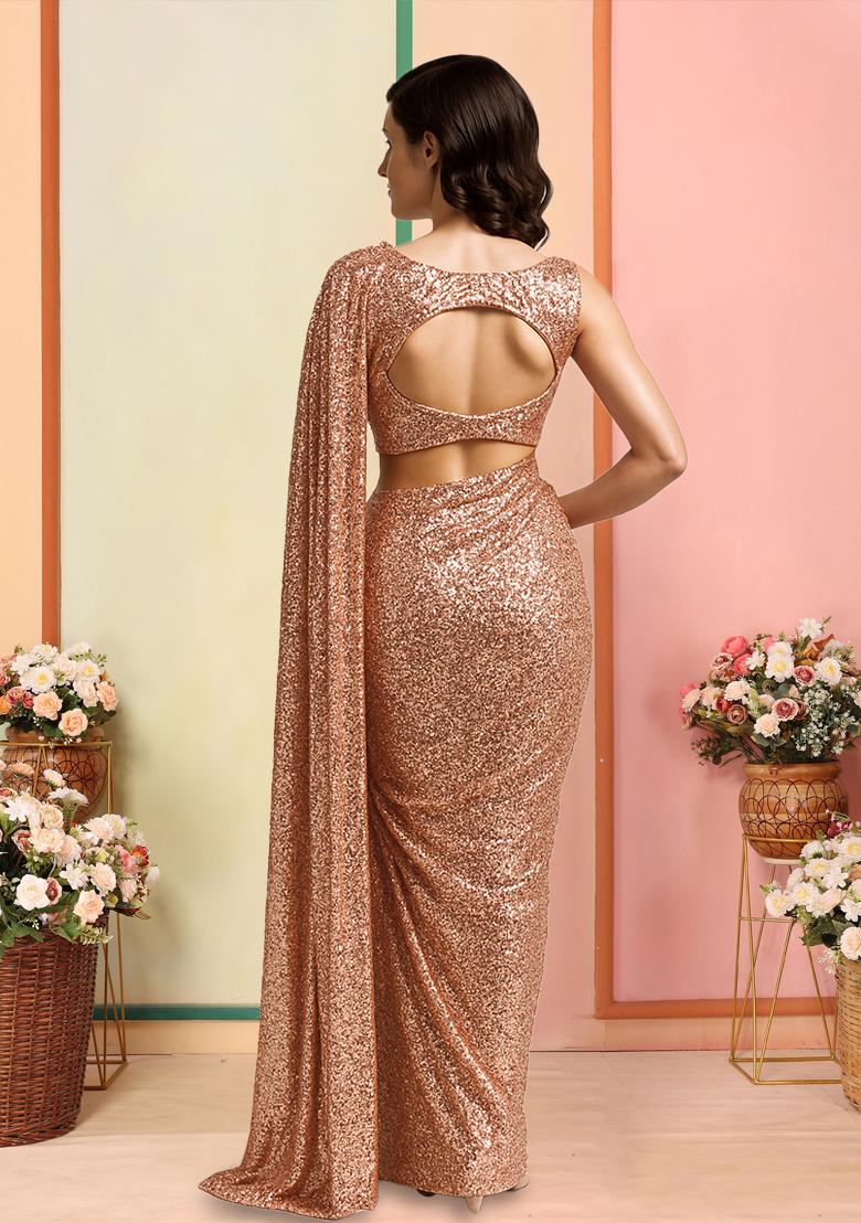 Lt Peach Sequins Embroidery Net Pre Stitched Saree Set - Indya