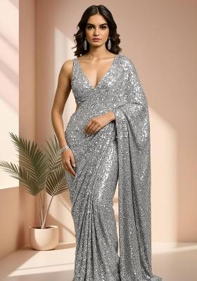 Silver Sequins Embroidery Net Pre Stitched Saree Set