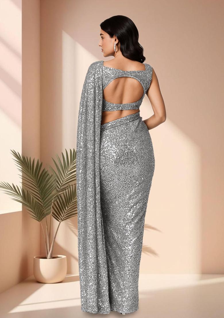 Silver Sequins Embroidery Net Pre Stitched Saree Set - Indya