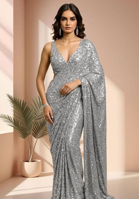Silver Sequins Embroidery Net Pre Stitched Saree Set