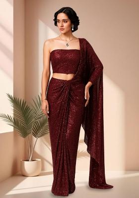 Maroon Sequins Embroidery Net Pre Stitched Saree Set