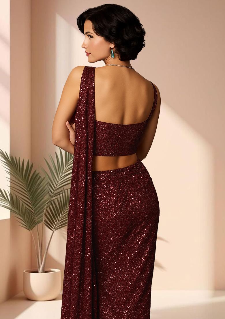 Maroon Sequins Embroidery Net Pre Stitched Saree Set - Indya