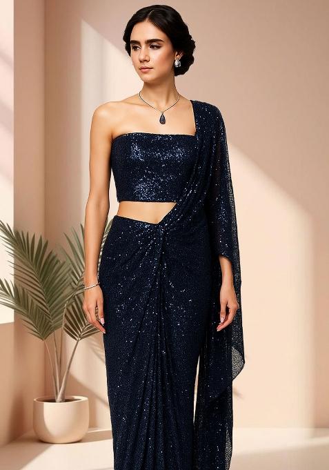 Blue Sequins Embroidery Net Pre Stitched Saree Set