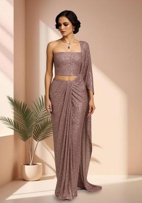 Mauve Sequins Embroidery Net Pre Stitched Saree Set