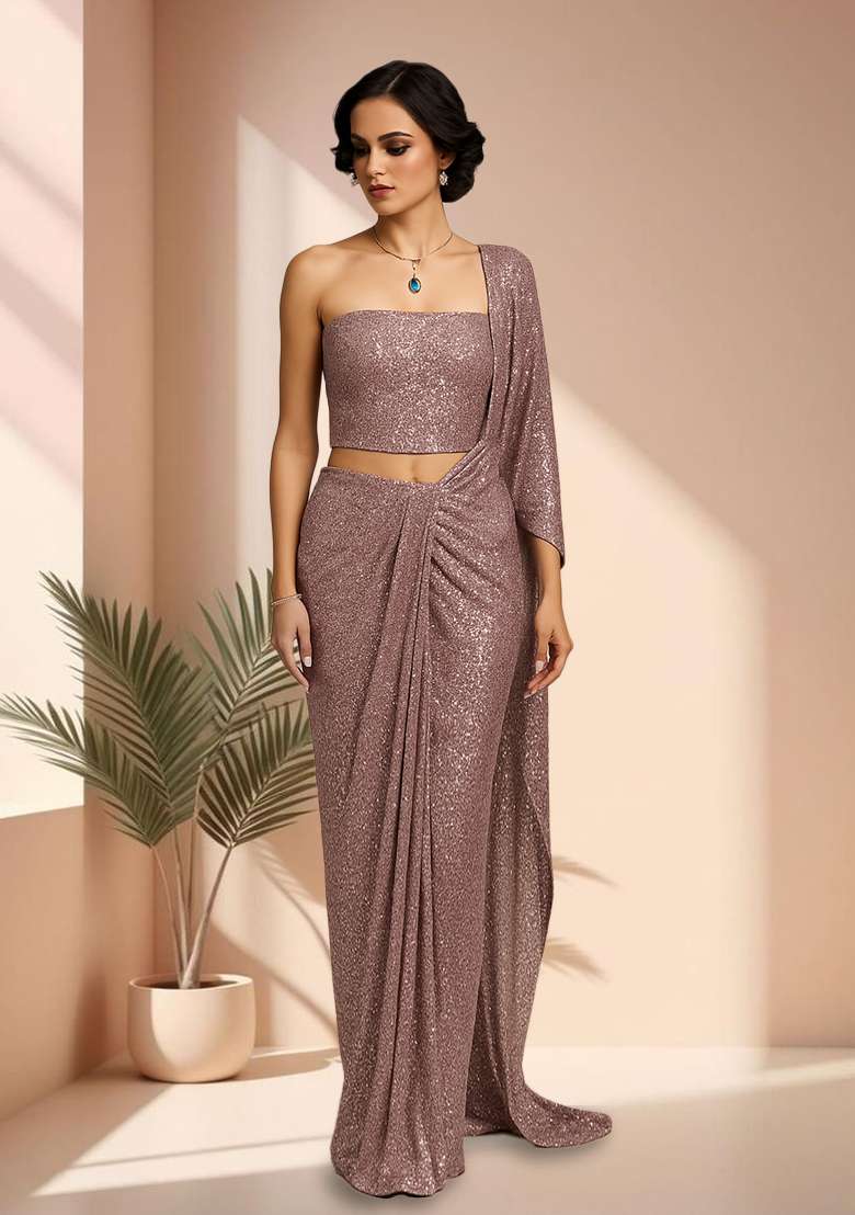 Mauve Sequins Embroidery Net Pre Stitched Saree Set - Indya
