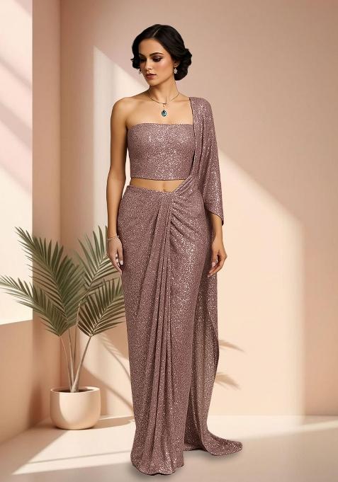 Mauve Sequins Embroidery Net Pre Stitched Saree Set