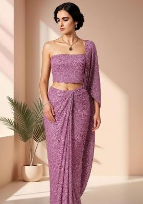 Lavender Sequins Embroidery Net Pre Stitched Saree Set