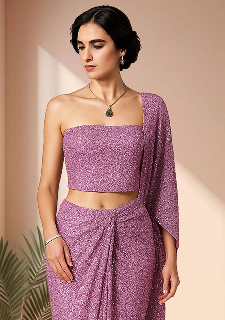 Lavender Sequins Embroidery Net Pre Stitched Saree Set - Indya
