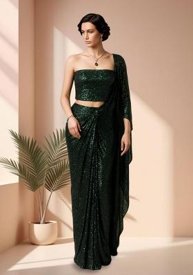 Green Sequins Embroidery Net Pre Stitched Saree Set