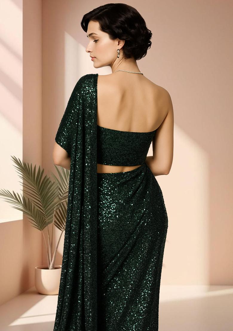 Green Sequins Embroidery Net Pre Stitched Saree Set - Indya