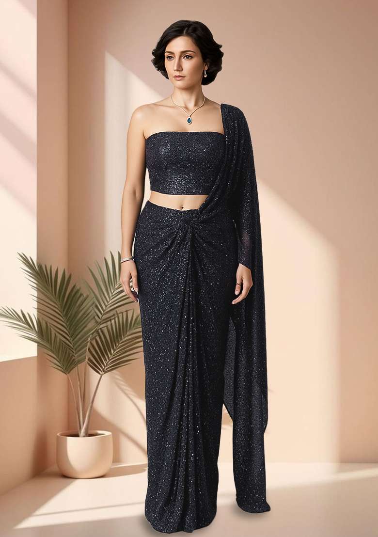 Dark Grey Sequins Embroidery Net Pre Stitched Saree Set - Indya