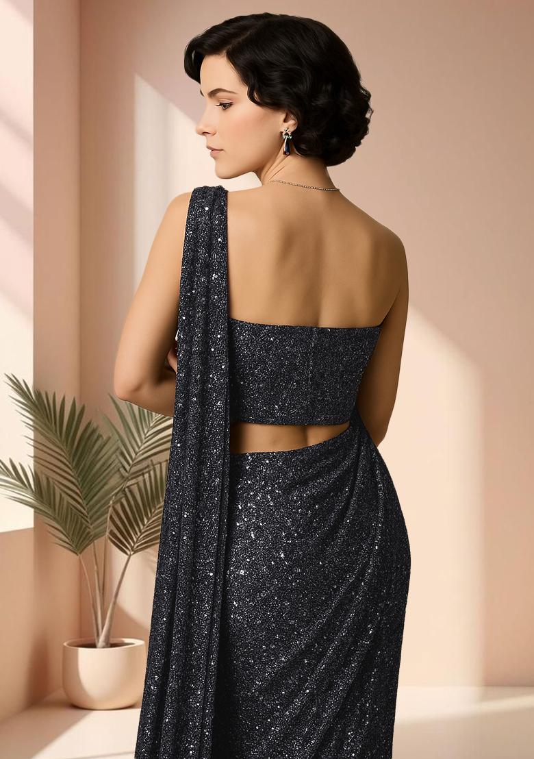 Dark Grey Sequins Embroidery Net Pre Stitched Saree Set - Indya