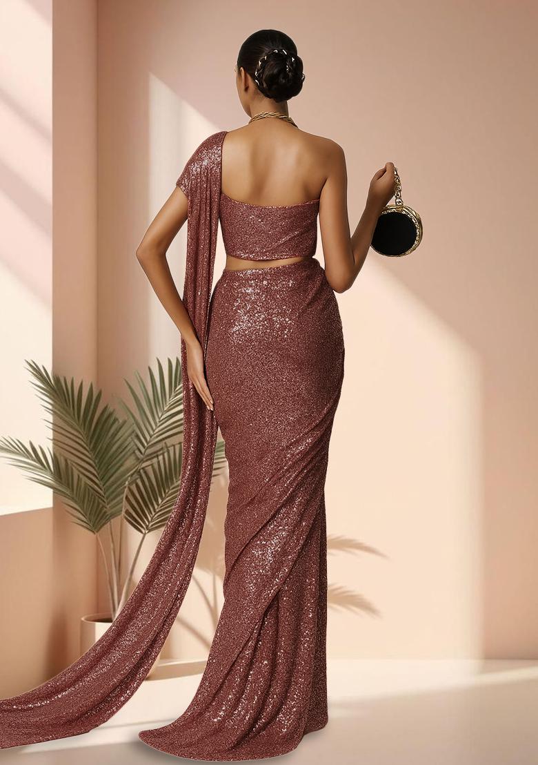 Rusty Red Sequins Embroidery Net Pre Stitched Saree Set - Indya