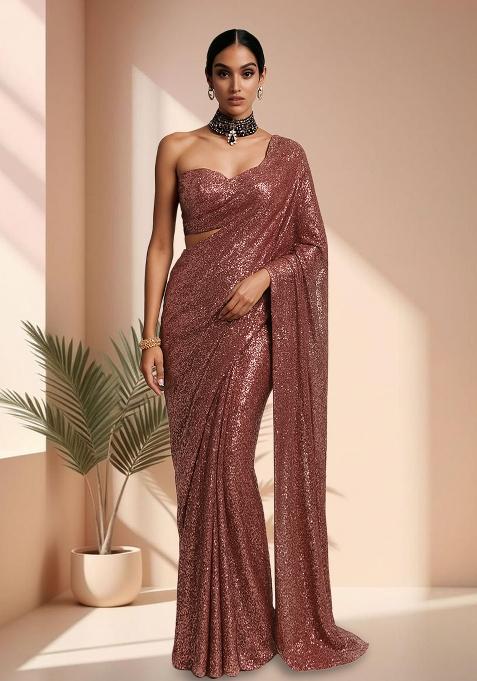 Rusty Red Sequins Embroidery Net Pre Stitched Saree Set