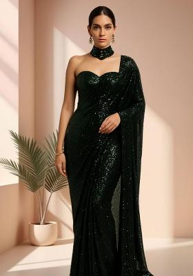 Green Sequins Embroidery Net Pre Stitched Saree Set