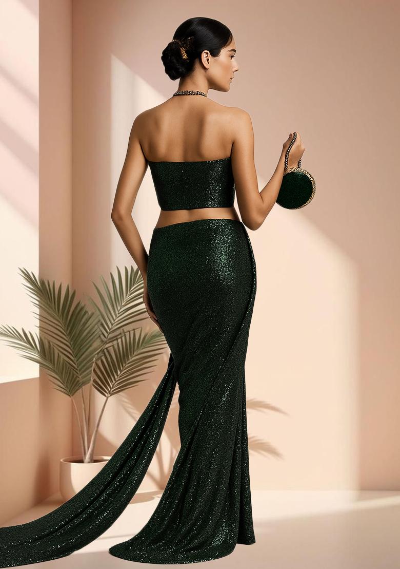 Green Sequins Embroidery Net Pre Stitched Saree Set - Indya