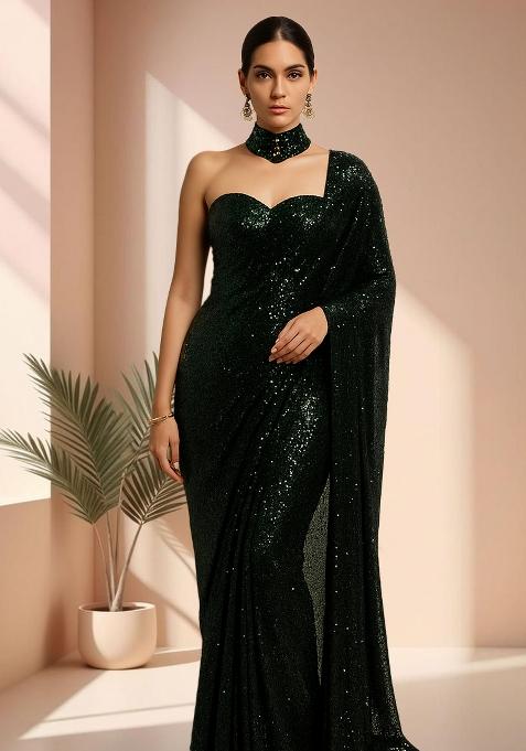 Green Sequins Embroidery Net Pre Stitched Saree Set