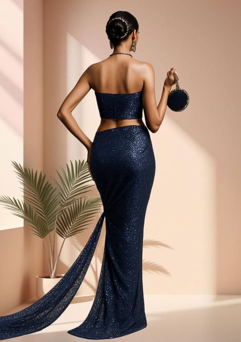 Blue Sequins Embroidery Net Pre Stitched Saree Set - Indya