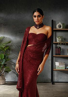 Maroon Sequins Embroidery Net Pre Stitched Saree Set