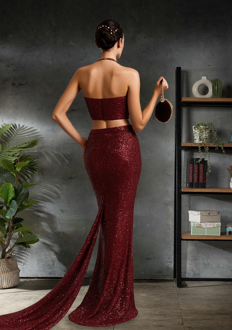 Maroon Sequins Embroidery Net Pre Stitched Saree Set - Indya