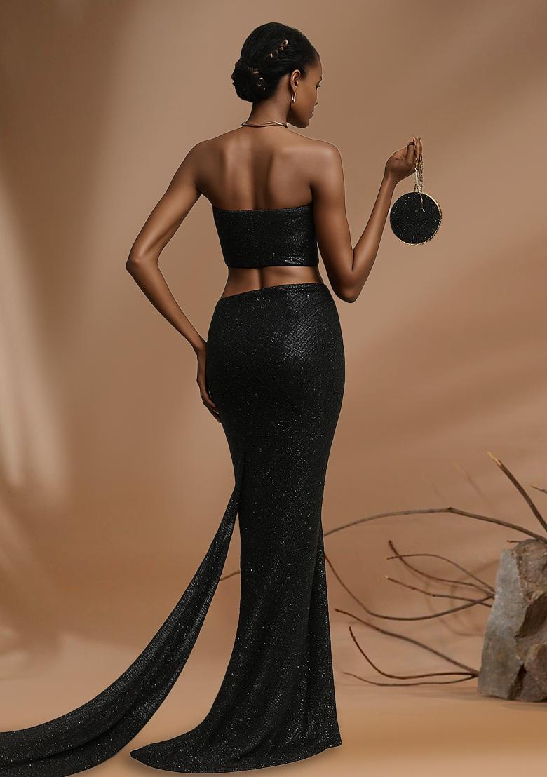 Black Sequins Embroidery Net Pre Stitched Saree Set - Indya