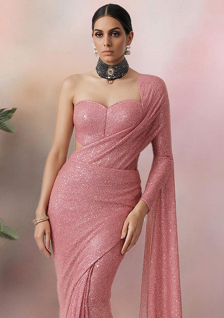 Peach Pink Sequins Embroidery Net Pre Stitched Saree Set - Indya