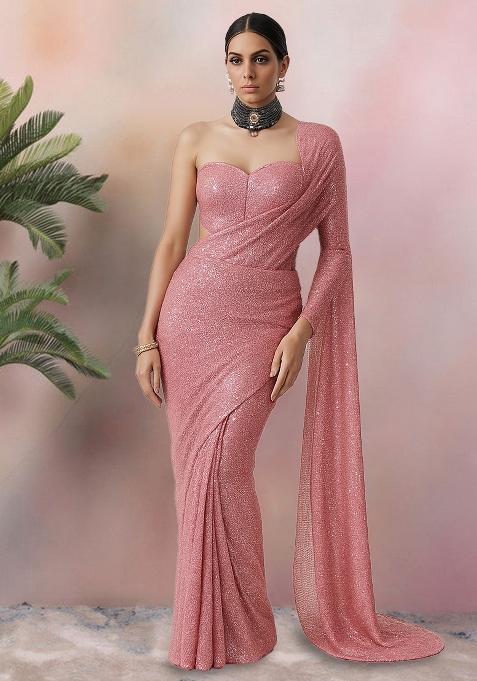 Peach Pink Sequins Embroidery Net Pre Stitched Saree Set