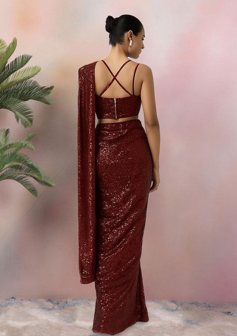 Maroon Sequins Embroidery Net Pre Stitched Saree Set - Indya