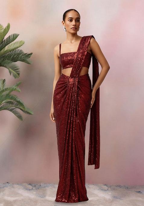 Maroon Sequins Embroidery Net Pre Stitched Saree Set
