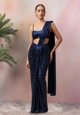 Blue Sequins Embroidery Net Pre Stitched Saree Set