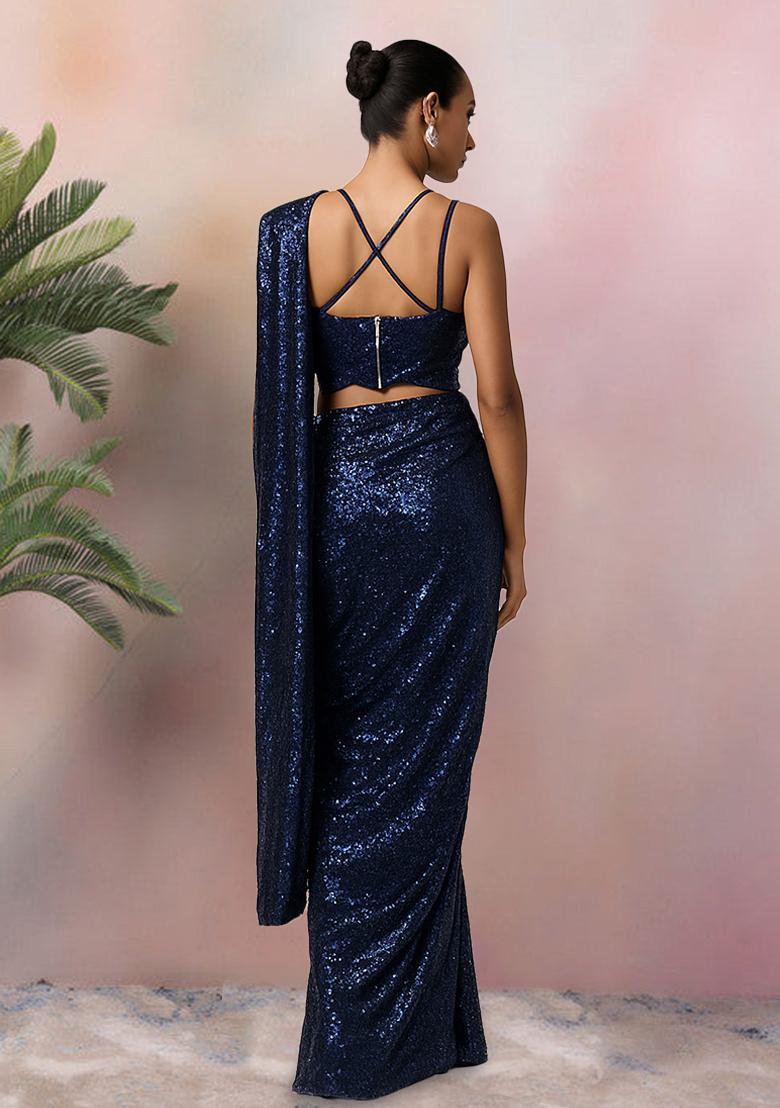 Blue Sequins Embroidery Net Pre Stitched Saree Set - Indya