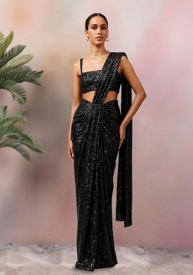 Black Sequins Embroidery Net Pre Stitched Saree Set