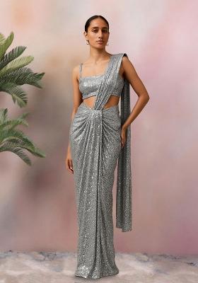 Silver Sequins Embroidery Net Pre Stitched Saree Set