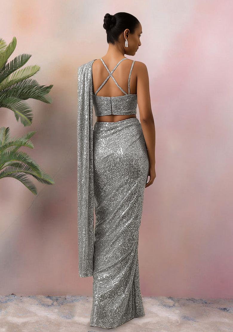 Silver Sequins Embroidery Net Pre Stitched Saree Set - Indya