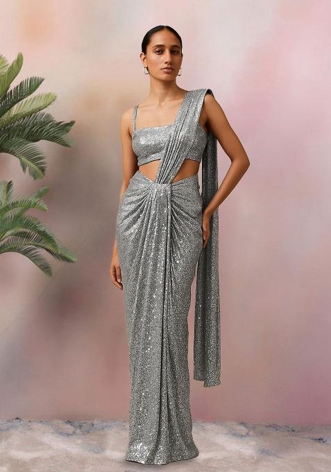 Silver Sequins Embroidery Net Pre Stitched Saree Set