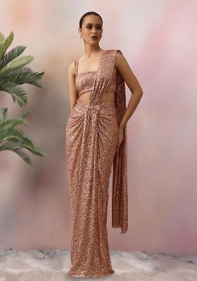 Lt Peach Sequins Embroidery Net Pre Stitched Saree Set