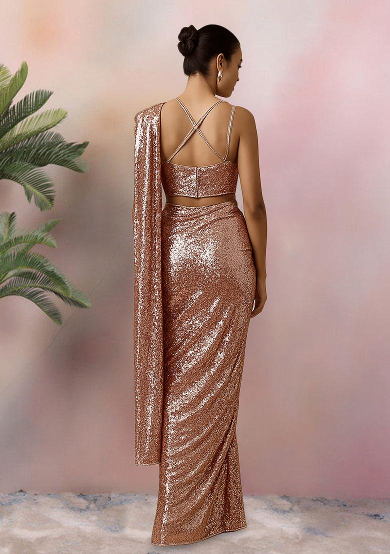 Lt Peach Sequins Embroidery Net Pre Stitched Saree Set - Indya