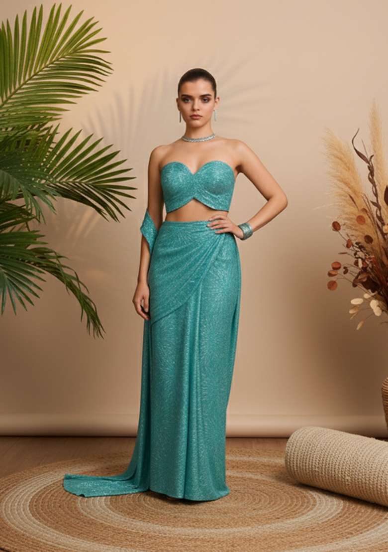 Blue Embroidery Net Pre Stitched Saree Set - Indya