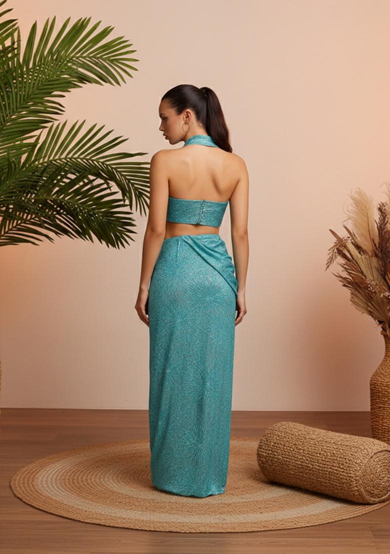 Blue Embroidery Net Pre Stitched Saree Set - Indya