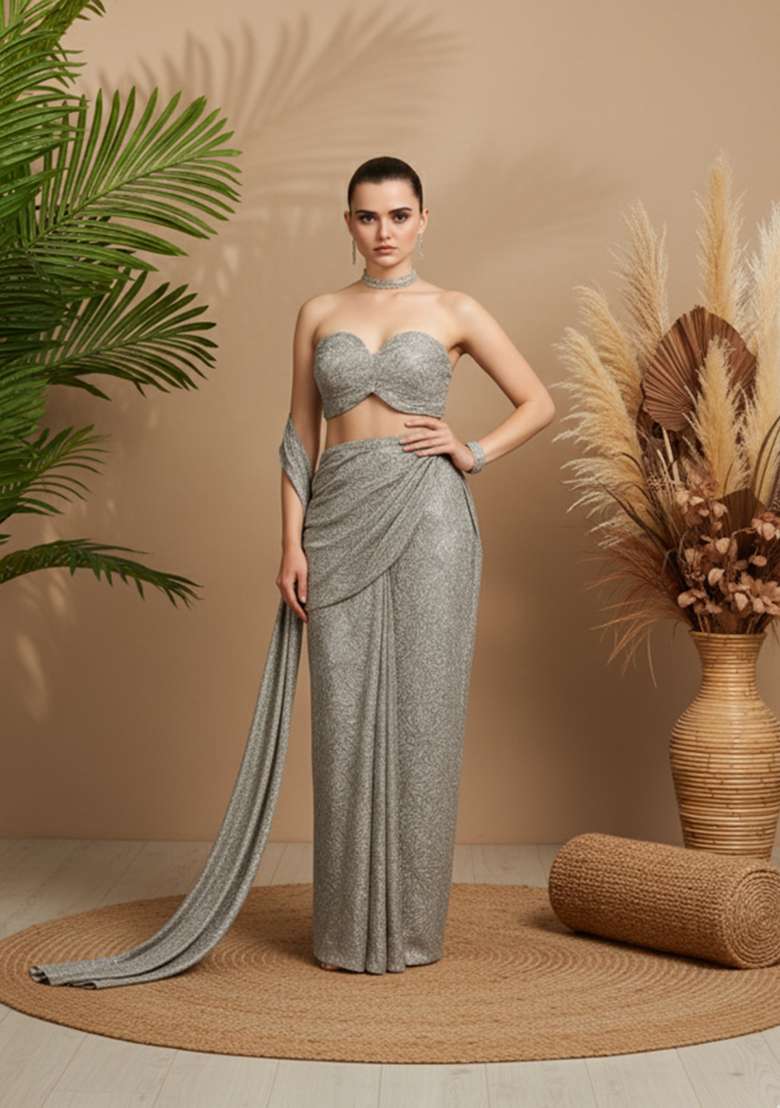 Grey Embroidery Net Pre Stitched Saree Set - Indya