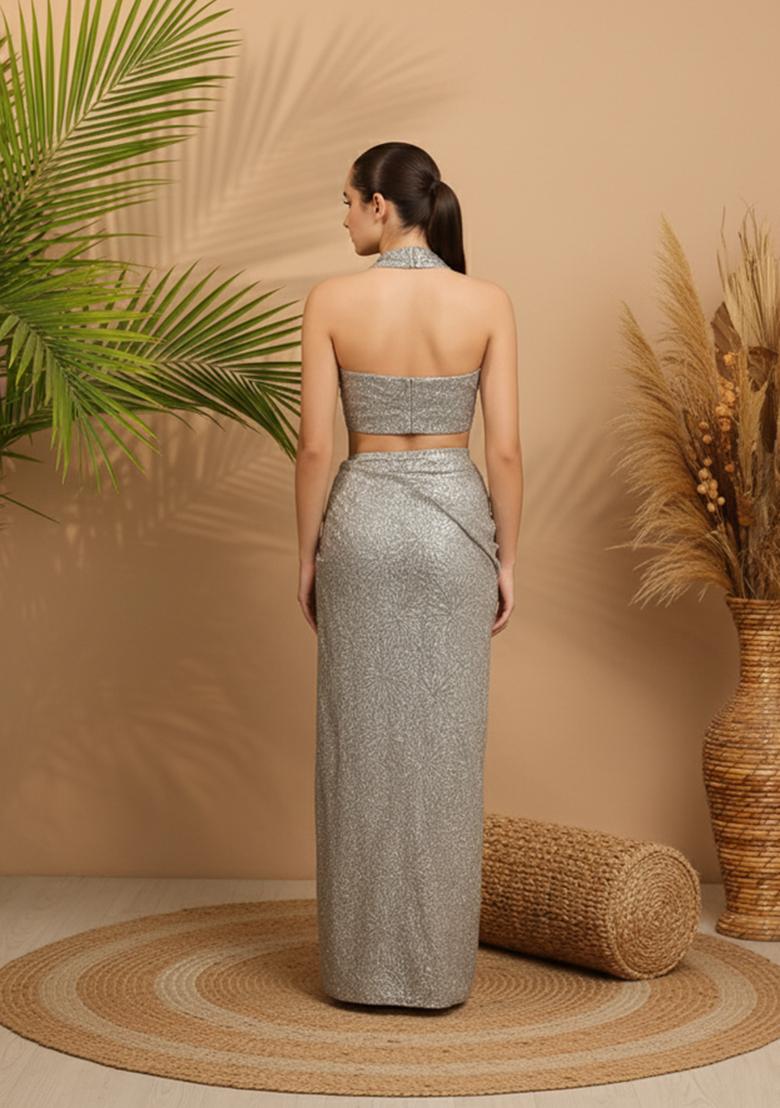 Grey Embroidery Net Pre Stitched Saree Set - Indya