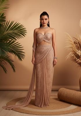 Peach Embroidery Net Pre Stitched Saree Set