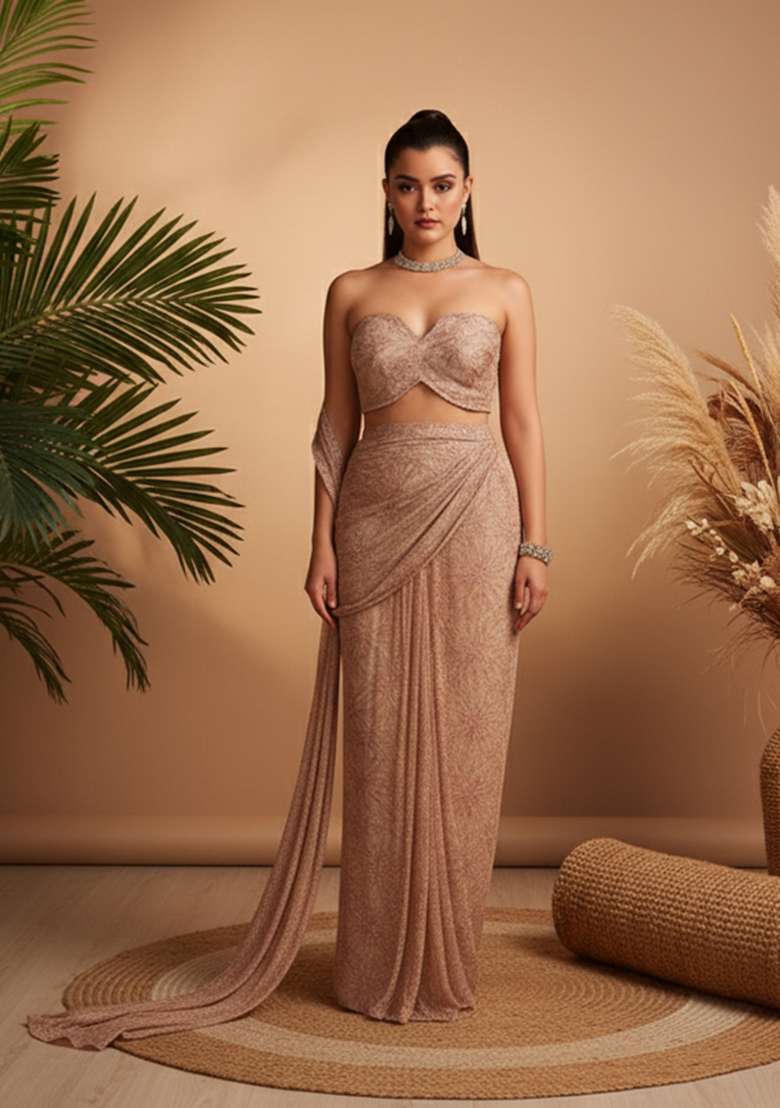 Peach Embroidery Net Pre Stitched Saree Set - Indya