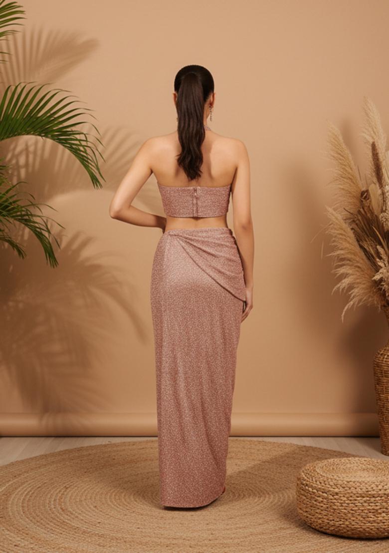 Peach Embroidery Net Pre Stitched Saree Set - Indya