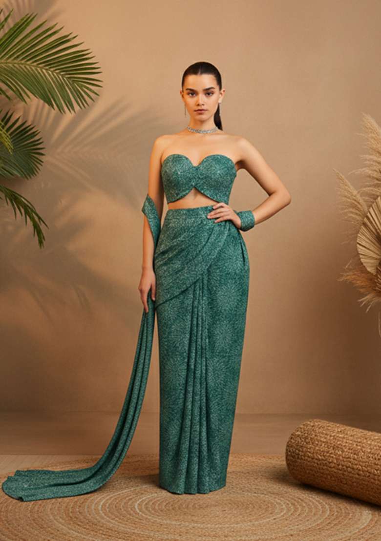 Green Embroidery Net Pre Stitched Saree Set - Indya