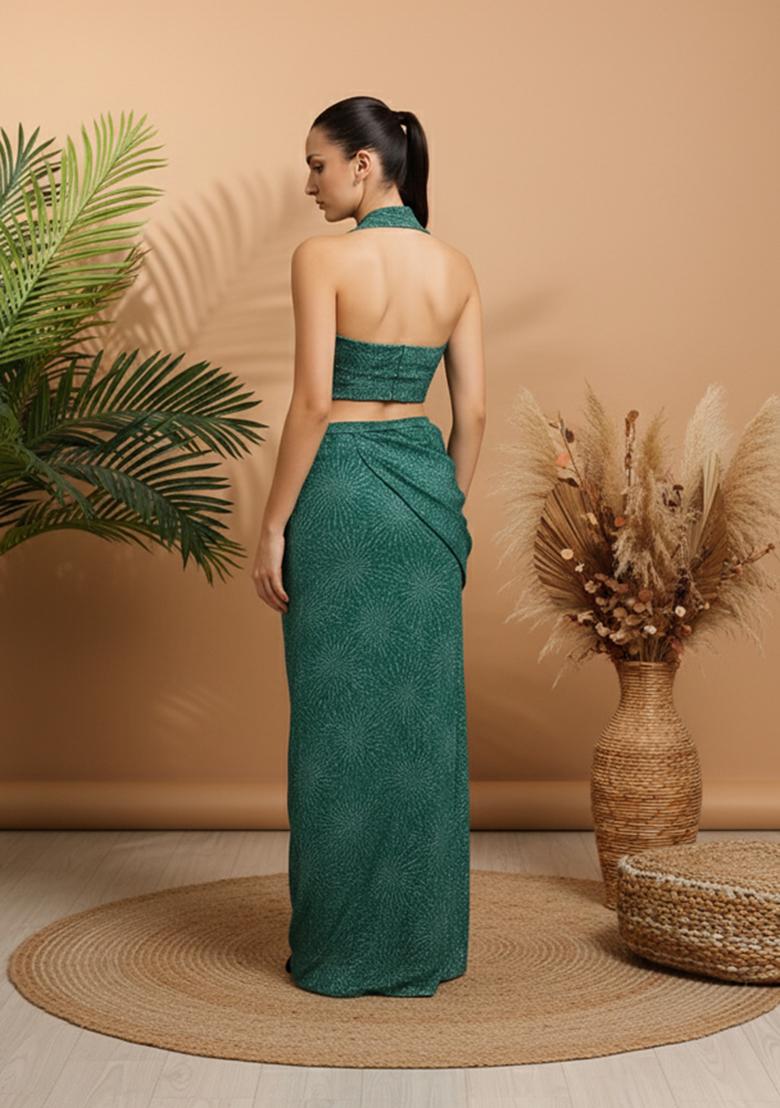 Green Embroidery Net Pre Stitched Saree Set - Indya