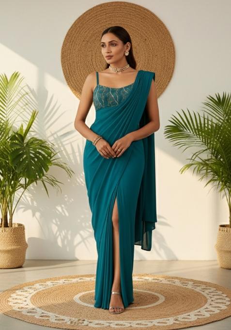 Blue Sequins Embroidery Net Pre Draped Saree Set