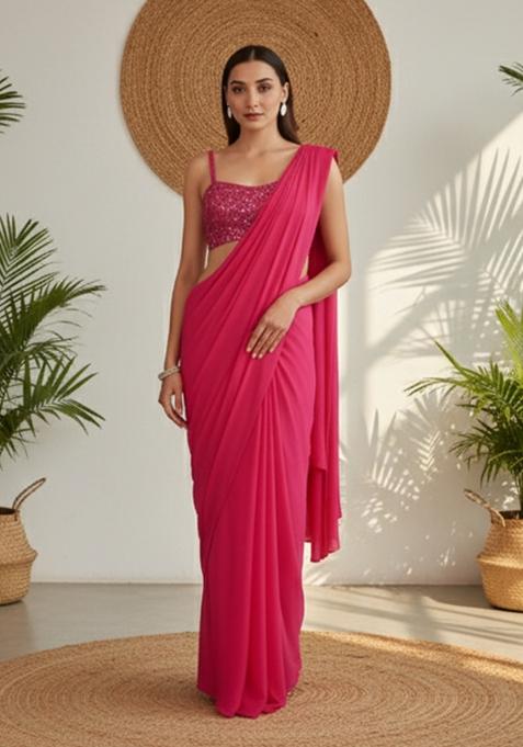 Pink Sequins Embroidery Net Pre Draped Saree Set