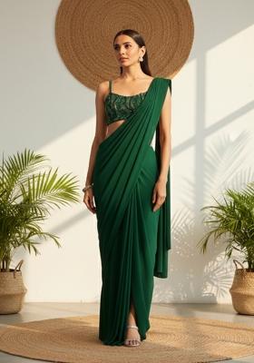 Green Sequins Embroidery Net Pre Draped Saree Set
